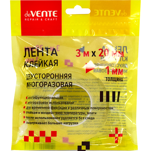 Клейкая лента двусторонняя "deVENTE. REPAIR & CRAFT" многоразовая, прозрачная, 3m х 20 мм, толщиной 1 мм, в зип пакете с европодвесом