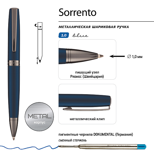 Ручка "SORRENTO" в подарочном футляре, 1.0 ММ, СИНЯЯ (корпус синий, футляр черный) 