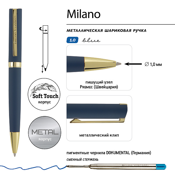 Ручка "MILANO" в метал. футляре 1.0 ММ, СИНЯЯ (корпус синий, футляр черный)