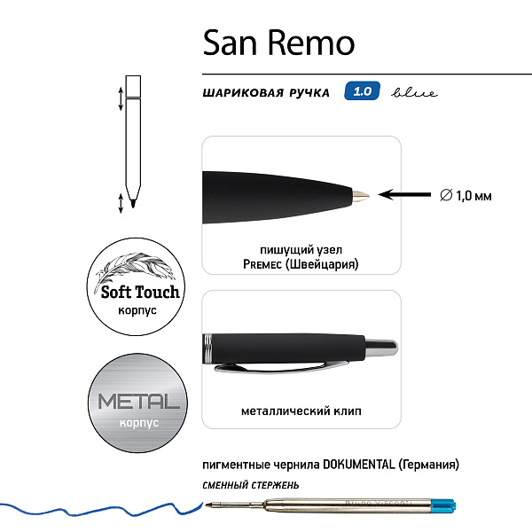 РУЧКА "SAN REMO" В МЕТАЛЛИЧЕСКОМ ФУТЛЯРЕ, 1.00 ММ, СИНЯЯ (корпус черный, футляр черный) (10702070/291221/3046922,КИТАЙ)