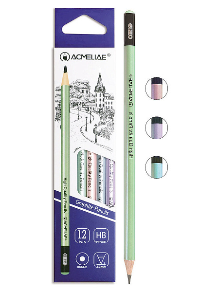 Карандаш ч/г HB ACMELIAE круглый, корпус перламутровый, 4 цвета корпуса,