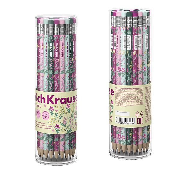 Карандаш ч/г HB ErichKrause Floral Soul, пластиковый, круглый, с ластиком, НВ (в тубусе)