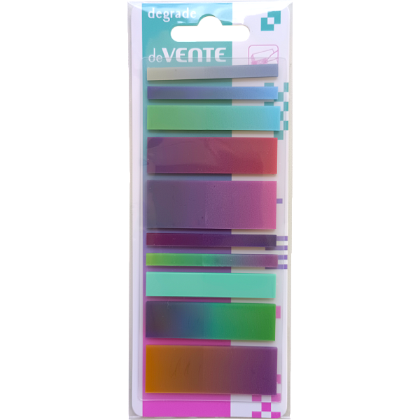 Закладки пластиковые "deVENTE. Degrade" полупрозрачные, разноцветные, 54x20 мм, 54x15 мм, 54x10 мм, 54x5 мм, 10x20л. 2 дизайна, в картонном блистере и пластиковом пакете с европодвесом