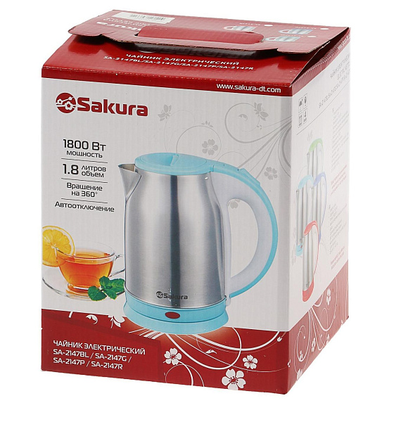 Чайник электрический Sakura SA-2147BL, металл, 1.8 л, 1800 Вт, голубой