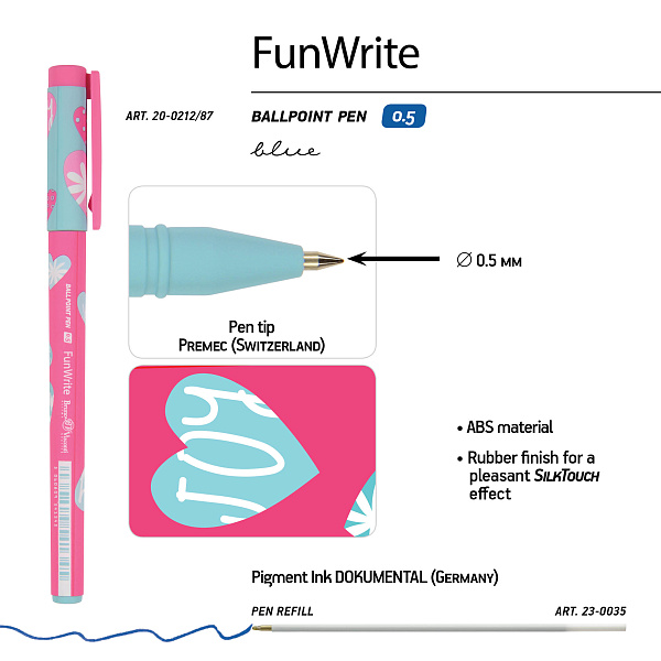 Ручка шариковая 0,5 мм "FunWrite. Сердечки. Эмоции. Малина" СИНЯЯ