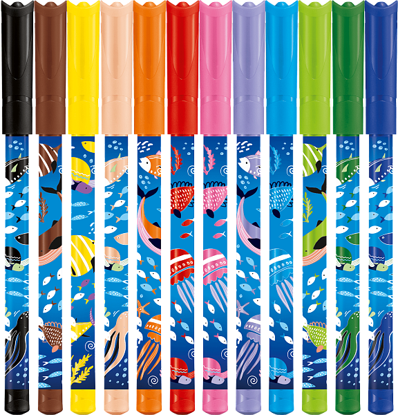 Фломастеры декорированные 12 цв. COLOR'PEPS OCEAN LIFE с заблокированным пишущим узлом, суперсмываемые, в пакете с подвесом