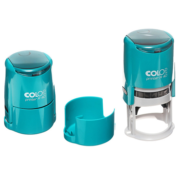 Оснастка для круглой печати PRINTER R40 green/blue с крышкой автомат. пластик. d41,5 мм, корп бирюза