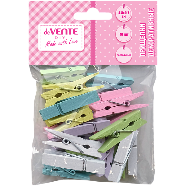 Прищепки декоративные "deVENTE. DIY Natural Wood" деревянные, 45x7 мм, 10 шт, пастельные цвета ассорти, в пластиковом пакете с блистерным подвесом