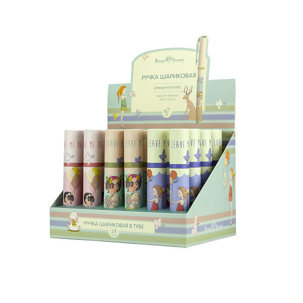 Ручка шариковая 0,7 мм "DreamWrite. Девочка и кролики" в тубусе СИНЯЯ, 3 вида
