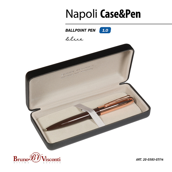Ручка "NAPOLI" в футляре PREMIUM из экокожи, 1,0 ММ, СИНЯЯ (корпус коричн и роз зол, футляр черный)