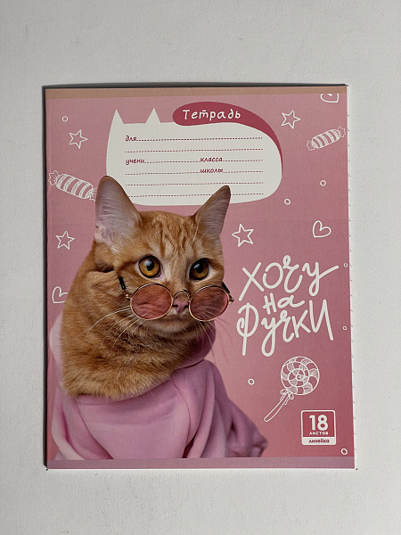 Тетрадь 18 листов в линию "Котики" обложка из мелованного картона(200 г/м²) блок офсет 60 г/м², 92%, микс 5 вид