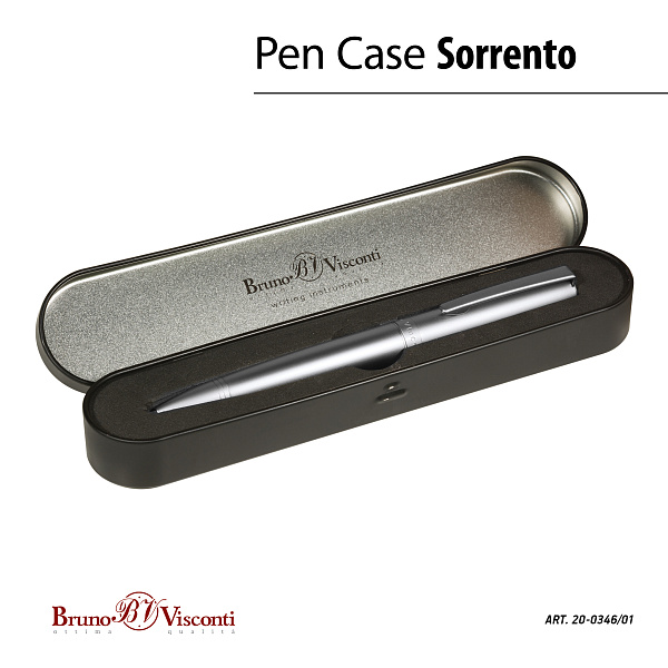 Ручка "SORRENTO" в футляре шарик. автомат.1.0 ММ, СИНЯЯ (корпус серебро метал, футляр черный) 