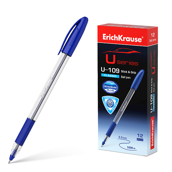 Ручка шариковая ErichKrause® U-109 Classic Stick&Grip 1.0, Ultra Glide Technology, цвет чернил синий (в коробке по 12 шт.)