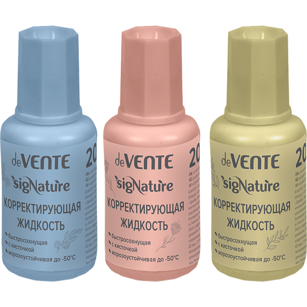 Корректир. жидкость 20 мл "deVENTE. sigNATURE" быстросохнущая, в бутылочке с кисточкой, цвета корпуса ассорти (оливковый, пудрово-розовый, сумеречный синий), в пластиковом поддоне
