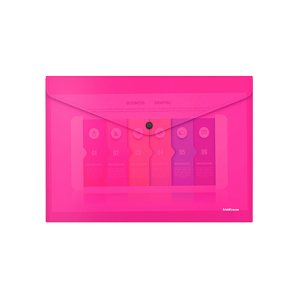 Папка-конверт на кнопке пластиковая  ErichKrause® Glossy Neon, полупрозрачная, A4, ассорти (в пакете по 12 шт.)
