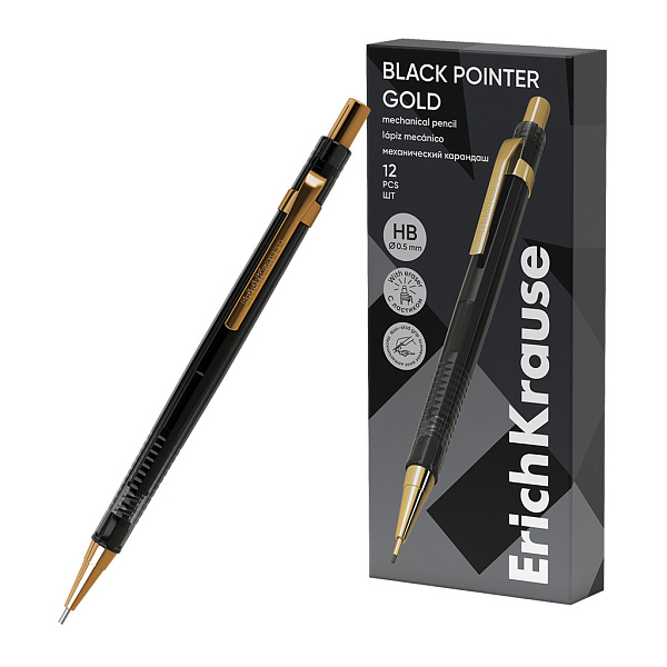 Карандаш механический ErichKrause Black Pointer Gold 0.5 мм, НВ (в коробке по 12 шт.)