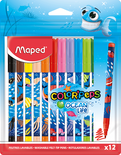 Фломастеры декорированные 12 цв. COLOR'PEPS OCEAN LIFE с заблокированным пишущим узлом, суперсмываемые, в пакете с подвесом