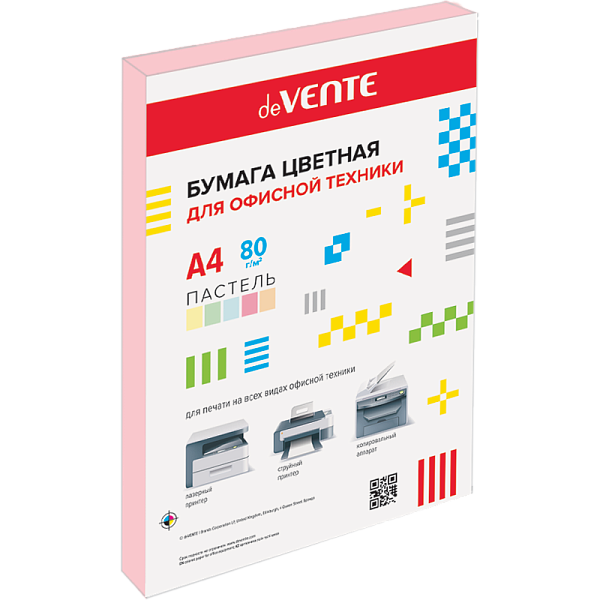 Бумага цветная для офисной техники "deVENTE" A4 50 л, 80 г/м², пастельный розовый, в пластиковом пакете