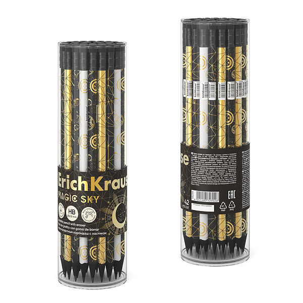 Карандаш ч/г HB ErichKrause Magic Sky, трехгранный, с ластиком, HB (в тубусе)