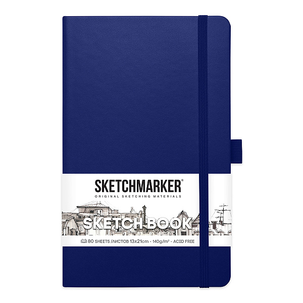 Блокнот для зарисовок Sketchmarker 140г/кв.м 13*21см 80л твердая обложка Королевский синий