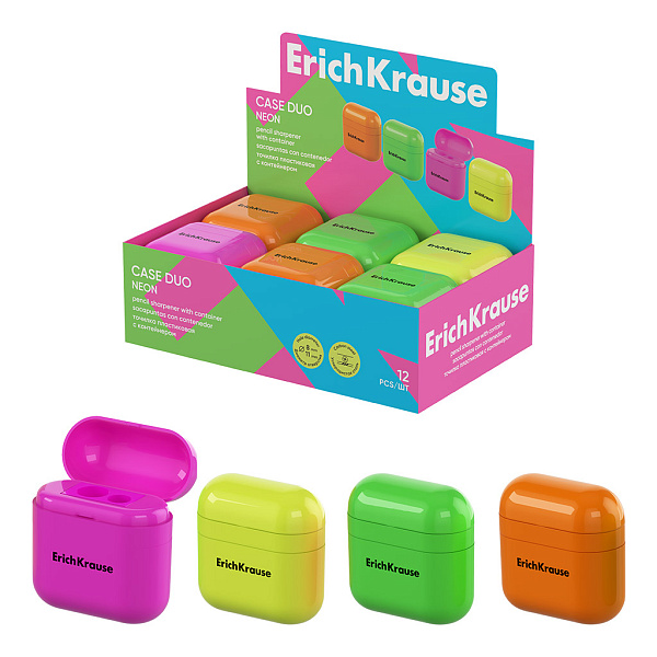Точилка ErichKrause Case Duo, Neon, с контейнером, пластиковая, ассорти (в коробке-дисплее по 12 шт)