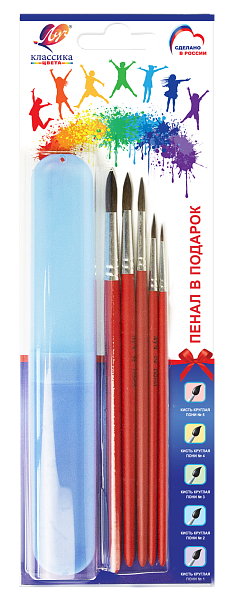 Набор из 5 кистей "Классика цвета", ПОНИ  (кругл.1, 2, 3, 4, 5) с пеналом Луч