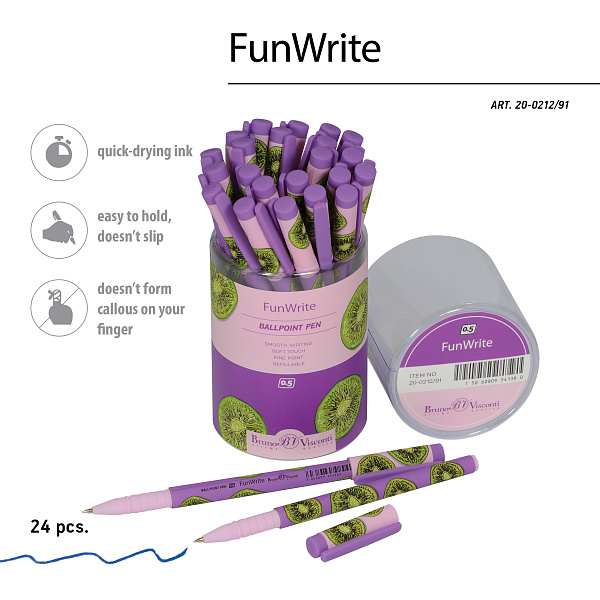 Ручка шариковая 0,5 мм "FunWrite. Fresh & fruity. Киви" СИНЯЯ