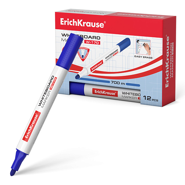 Маркер для доски ErichKrause® W-170, цвет чернил синий (в коробке по 12 шт.)