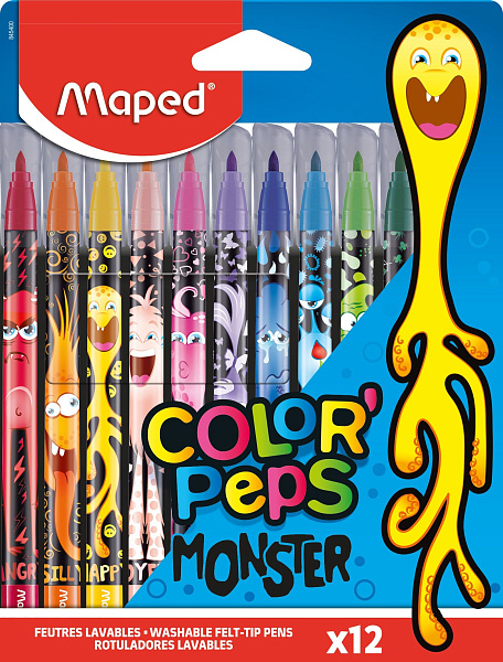Фломастеры 12 цв. COLOR'PEPS MONSTER с заблокиров. пишущим узлом, смываемые, 