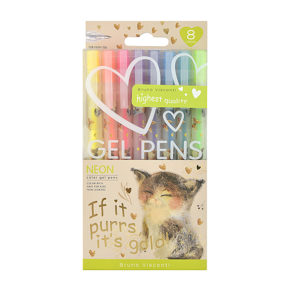 Набор гелевых ручек 8 цв. "NEON.МИЛЫЙ КОТИК",  0.8 мм