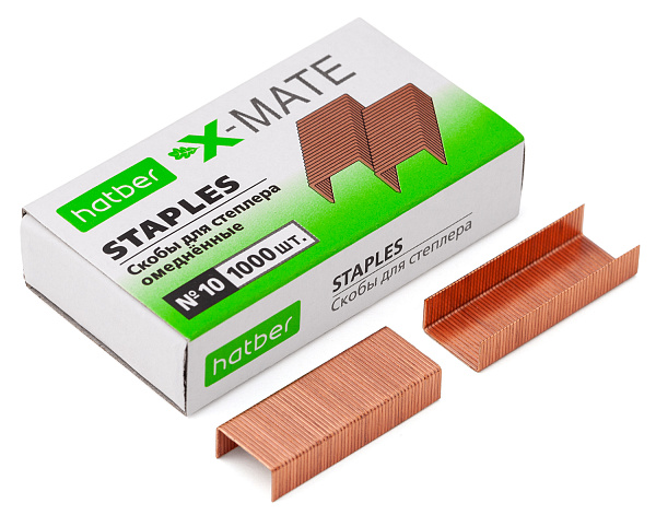 Скобы для степлера №10 Hatber X-Mate 1000 скоб 5мм медные в картонном боксе