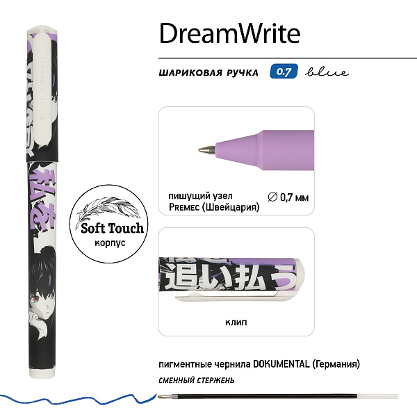 Ручка шариковая 0,7 мм "DreamWrite. Manga Anime. City" в тубусе Синие чернила, 3 вида   
