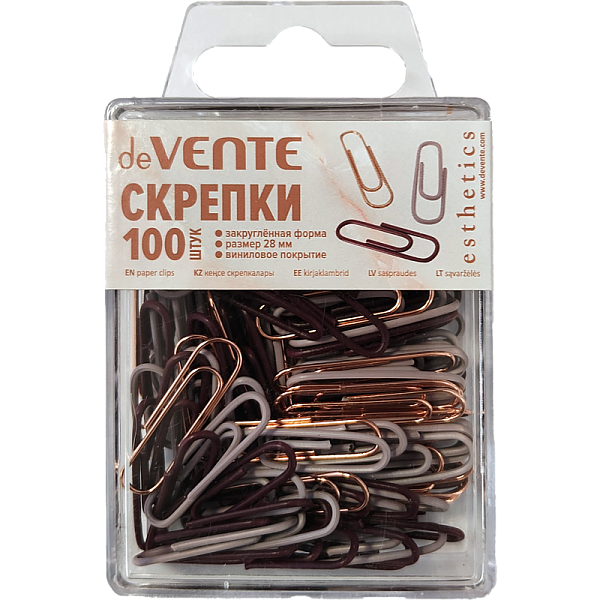 Скрепки 28 мм 100 шт "deVENTE. Esthetics" овальные, металлические в пластиковой коробке, ассорти 3 цвета (бургунди, лавандово-пепельный и розовое золото)
