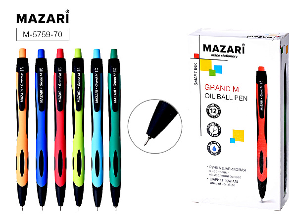 Ручка шариковая автоматическая GRAND M, СИНЯЯ, серия Smart Ink, чернила на масляной основе (Индия), игольчатый пиш.узел 0.7мм (Индия), корпус пластиковый цветной, с покрытием Soft, сменный стержень 107 мм, картонная упаковка