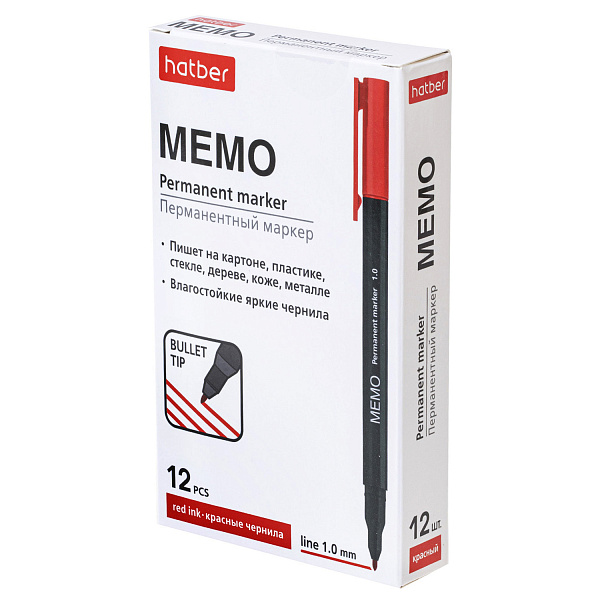 Маркер перм. 1 мм Hatber Memo закругленный пишущий узел Красный 12шт. в картонной коробке