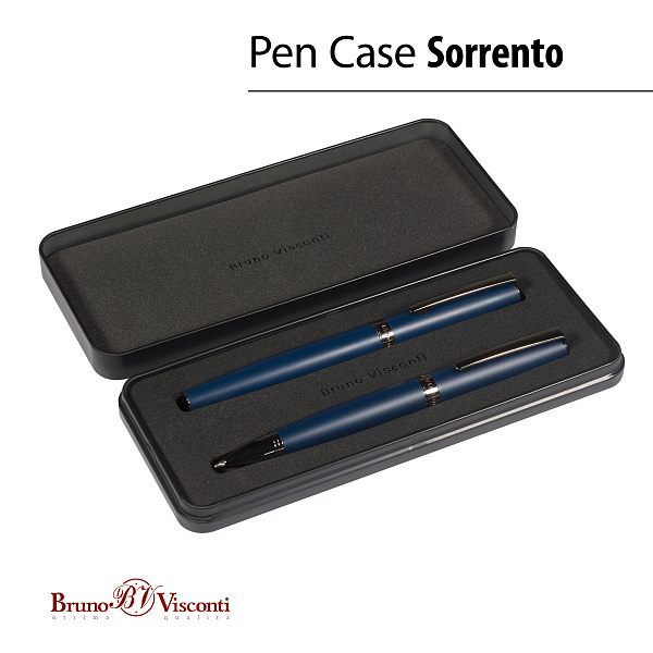 НАБОР "SORRENTO" Ручка шариковая 1.0 ММ И РОЛЛЕР 0.7 ММ, СИНИЕ (корпус син, футляр Premium черн)