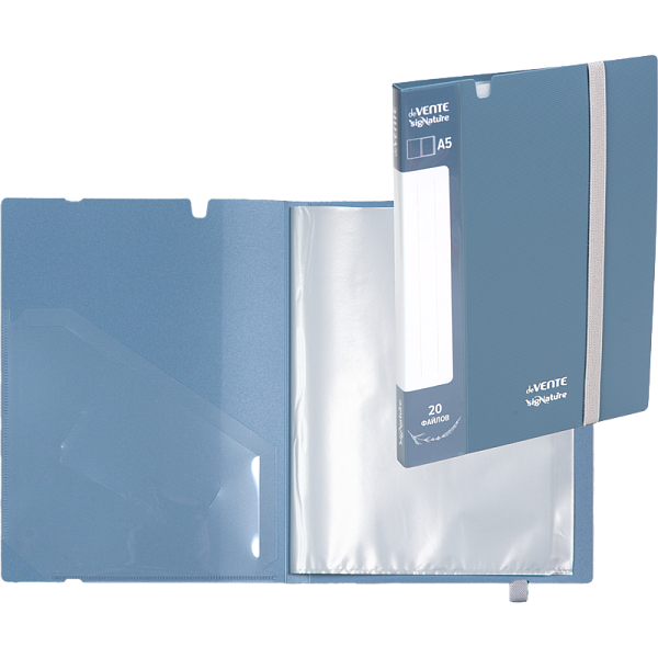 Папка 20ф А5 "deVENTE. sigNATURE" полипропилен 650 мкм, сумеречно синяя, фактура "ткань" вкладыши 30 мкм, внутренний карман 160 мкм, широкая резинка, индивидуальная упаковка,