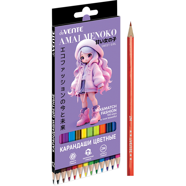 Карандаши 12 цветов "deVENTE. Amai Menoko" 2М, диаметр грифеля 2,8 мм, шестигранные, в картонной коробке
