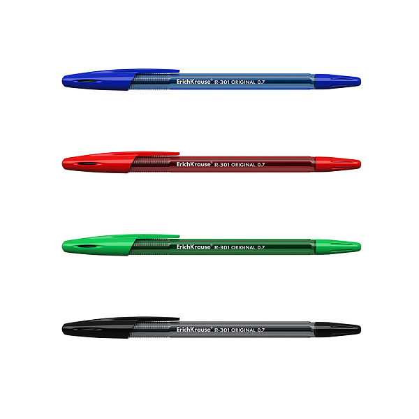 Набор из 4 ручек шариковых ErichKrause R-301 Stick Original 1.0, цвет синий, черный, красный, зелены