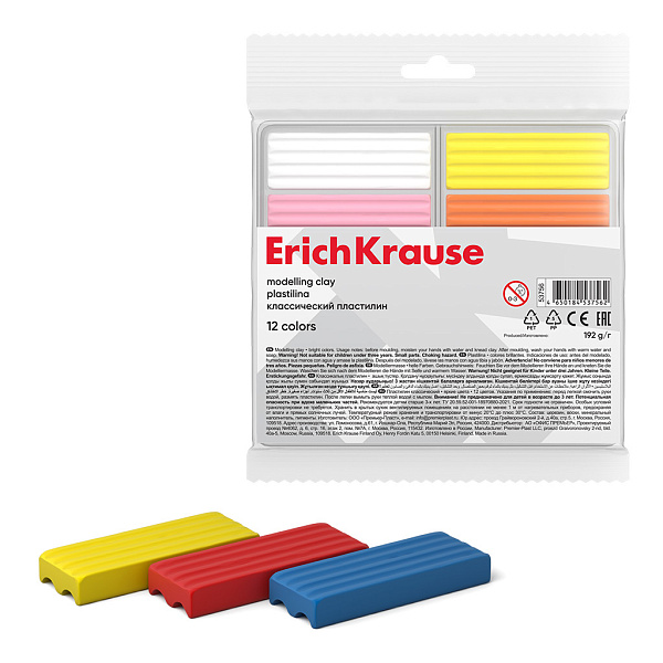 Пластилин 12 цв. ErichKrause light классический, 192 г (во флоупаке с европодвесом)