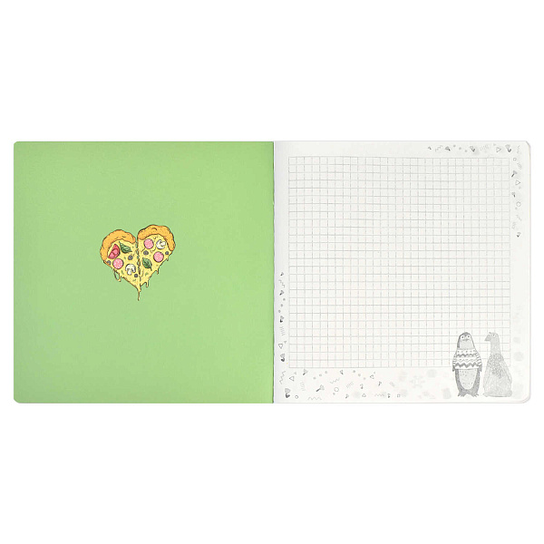 Блокнот 170*170 40 л. "ПИЦЦА-СЕРДЦЕ" /мягкий переплёт (2 скобы), полноцветная печать, матовая плёнка, Блок - белый офсет, 65 г/м², печать в одну краску, дизайнерский блок , эмбоссирован