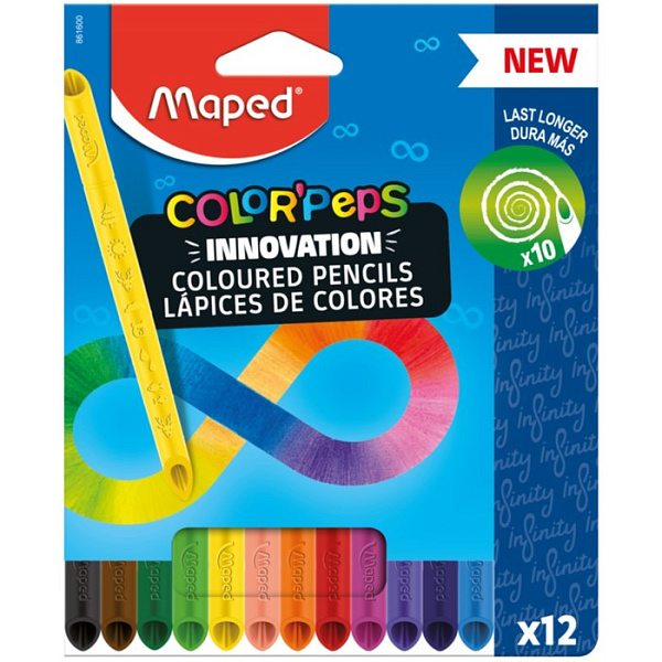 Карандаши 12 цв. Maped COLOR'PEPS INFINITY из ударопрочного грифеля, треугольные, в коробке с подвесом