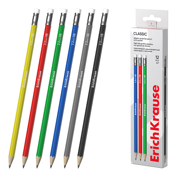 Карандаш ч/г HB ErichKrause Classic, пластиковый, шестигранный, с ластиком, HB (в коробке)