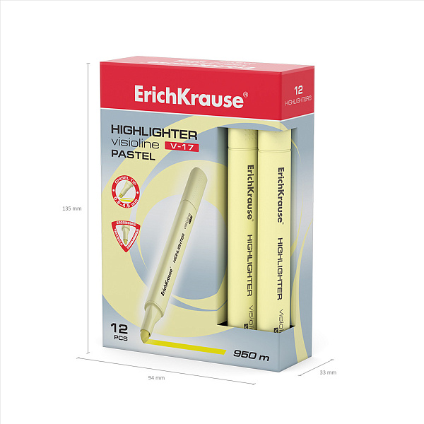 Маркер-текстовыделитель ErichKrause® Visioline V-17 Pastel, желтый (в коробке по 12 шт.)