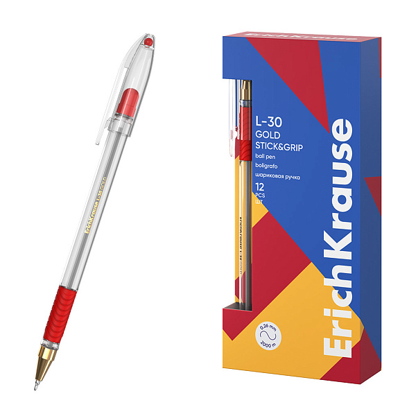 Ручка шариковая 0.7 мм ErichKrause , КРАСНАЯ, L-30 Gold Stick&Grip Classic , Super Glide Technology, 
