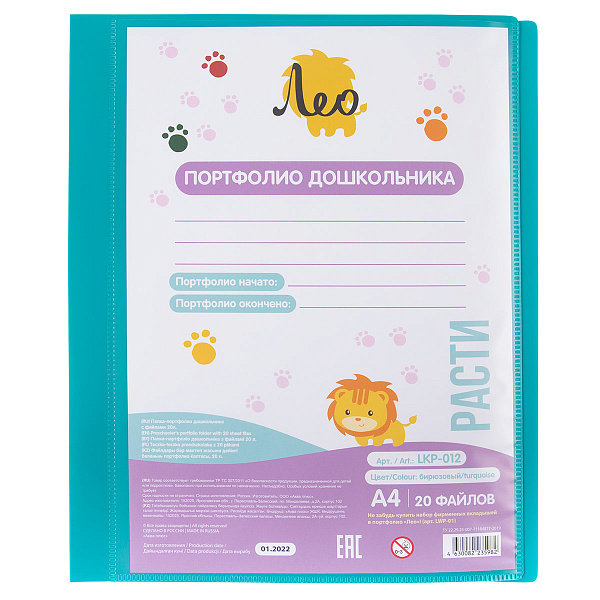 "Лео"   "Расти"  Папка-портфолио дошкольника с файлами 20л. A4 700 мкм 15 мм  песок бирюзовый