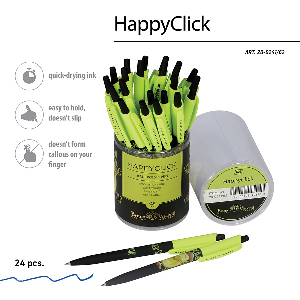 Ручка шариковая 0,5 мм "HappyClick. Avocado style. Rock star" СИНЯЯ