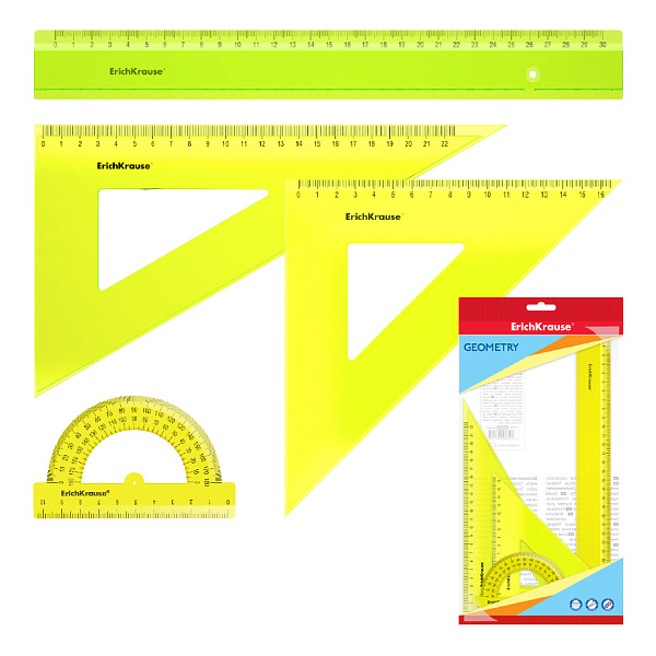 Набор геометрический большой ErichKrause Neon, (линейка, 2 угольника, транспортир), желт. пластиков.