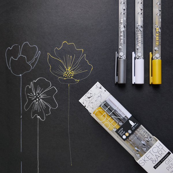 Набор ручек гелевых  3 шт. "Sketch&Art "Uni Write.GOLD/SILVER/WHITE", 0.8 мм,