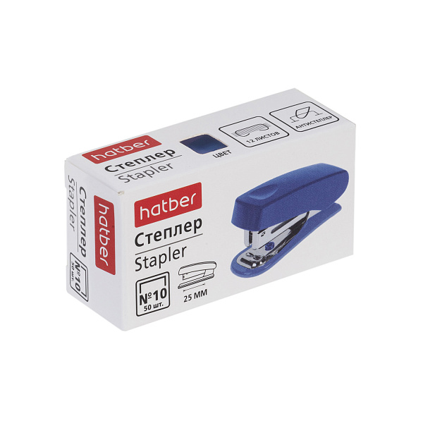 Степлер МИНИ на 12 л. №10 Hatber Gentle Пластиковый 50 скоб захват 25мм с антистеплером Ассорти в картонной коробке